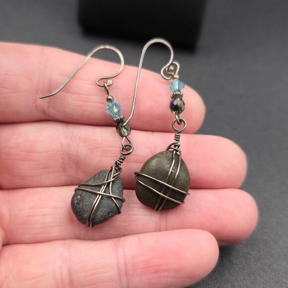 Silver Plated Tarnished Hand Wrapped Stone Dangle Earrings A6337 - Picture 3 of 5
